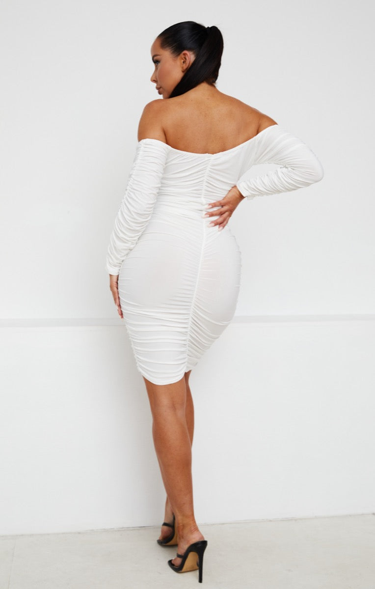 White Ruched Bardot Long Sleeve Bodycon Mini Dress, Dresses