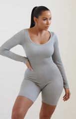 Light Grey Long Sleeve Plunge Fitted Unitard - Rahma