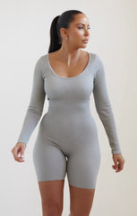 Light Grey Long Sleeve Plunge Fitted Unitard - Rahma