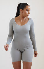 Light Grey Long Sleeve Plunge Fitted Unitard - Rahma