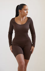 Chocolate Long Sleeve Plunge Fitted Unitard - Rahma