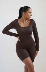 Chocolate Long Sleeve Plunge Fitted Unitard - Rahma