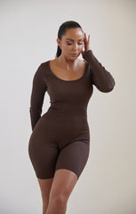 Chocolate Long Sleeve Plunge Fitted Unitard - Rahma