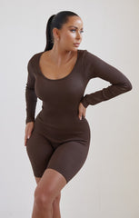 Chocolate Long Sleeve Plunge Fitted Unitard - Rahma