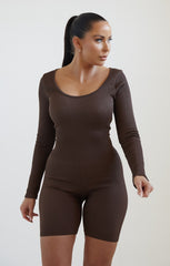 Chocolate Long Sleeve Plunge Fitted Unitard - Rahma