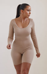 Beige Long Sleeve Plunge Fitted Unitard - Rahma