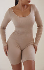 Beige Long Sleeve Plunge Fitted Unitard - Rahma