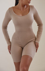 Beige Long Sleeve Plunge Fitted Unitard - Rahma