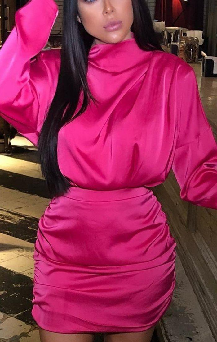 Hot pink satin draped mini clearance dress