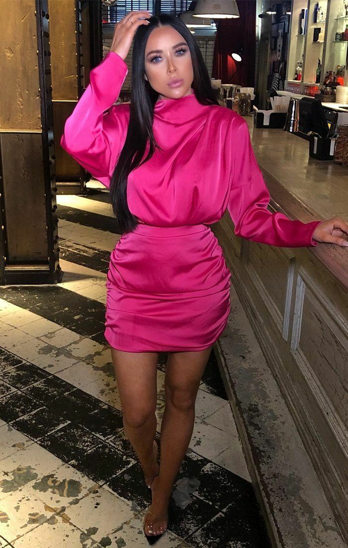 Hot pink satin shop draped mini dress