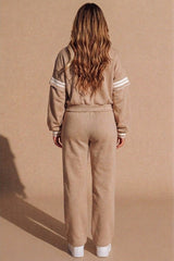 Stone Oversized Striped Sleeves Sweatshirt With Trouser Co Ord Set - Floranique