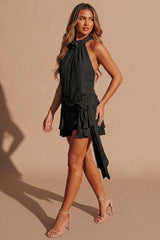 Black High Neck Floral Detail Frill Hem Mini Dress -Mayan