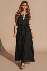 Black Pleated Sleeveless V Neck Maxi Dress - Tresya