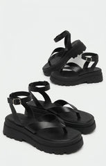 Black Toe Thong Chunky Platform Ankle Strap Sandals - Luretta