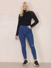 Blue High Waisted Skinny Soft Touch Skinny Jeans With Rip Detail  - Delilah