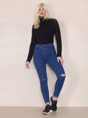 Blue High Waisted Skinny Soft Touch Skinny Jeans With Rip Detail  - Delilah