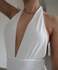 Cream Plunge Slinky Open Back Halter Jumpsuit - Giada