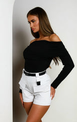 White Utility High Waisted Pocket Detail Shorts with Black Utility Belt - Ivy