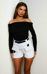 White Utility High Waisted Pocket Detail Shorts with Black Utility Belt - Ivy