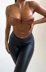 Chocolate Satin Strappy Cup Detail V Bar Corset Top - Dorte – Femme Luxe