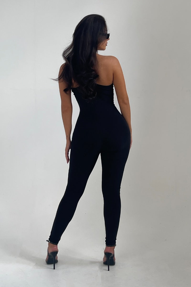 Black Slinky One Shoulder Plunge Cut Out Sleeveless Bodycon