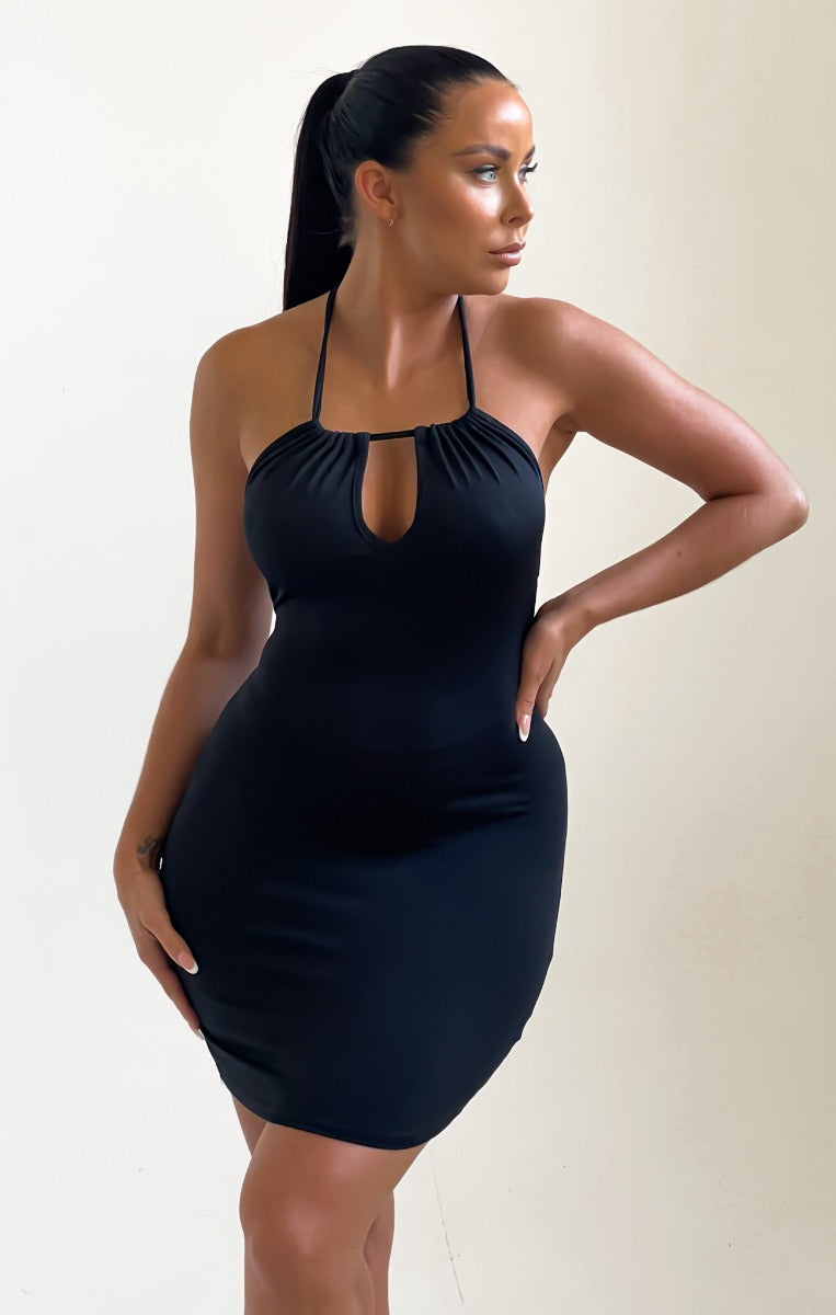 Black Ruched Halter Neck Cut Out Bodycon Mini Dress - Quila Femme Luxe Black Ruched Halter Neck Cut Out Bodycon Mini Dress - Quila Femme Luxe
