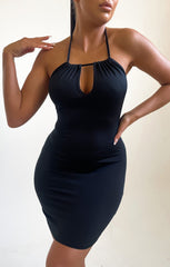 Black Ruched Halter Neck Cut Out Bodycon Mini Dress - Quila