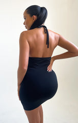 Black Ruched Halter Neck Cut Out Bodycon Mini Dress - Quila