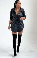 Black PU Leather Belted Mini Dress - Dani