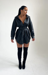 Black PU Leather Belted Mini Dress - Dani