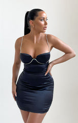 Black Satin Cup Detail Diamante Mini Dress - Serena