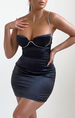 Black Satin Cup Detail Diamante Mini Dress - Serena