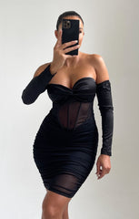 Black Off The Shoulder Cup Detail Mesh Mini Dress - Karina