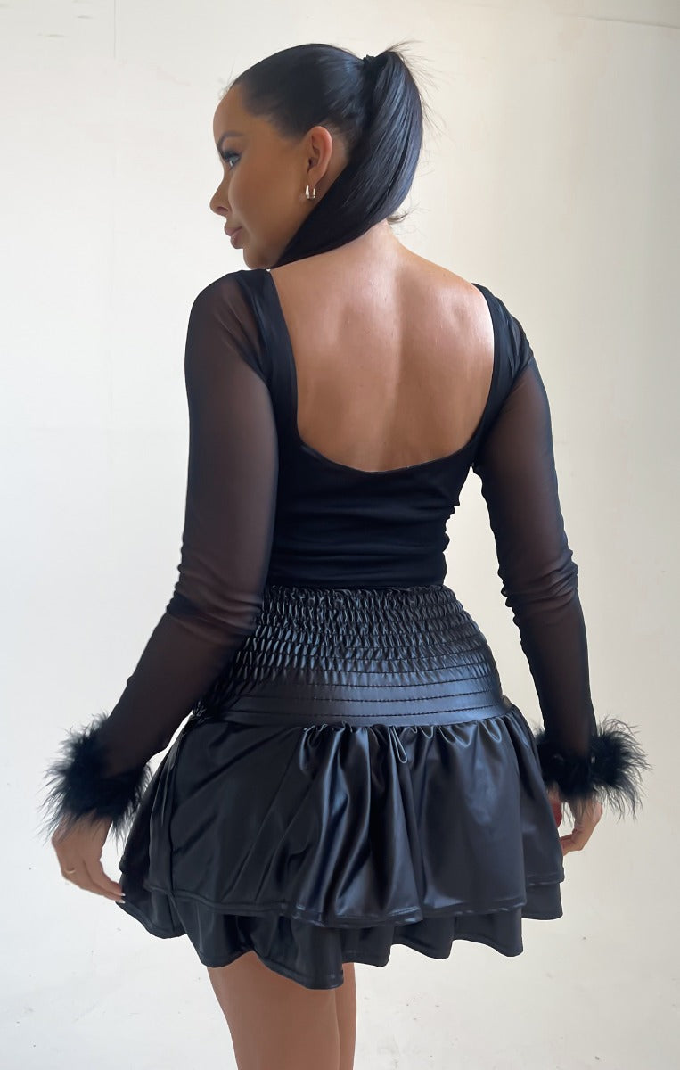Classy Feather Trimmed Mesh Corset Long Sleeve Top - Black – Luxedress