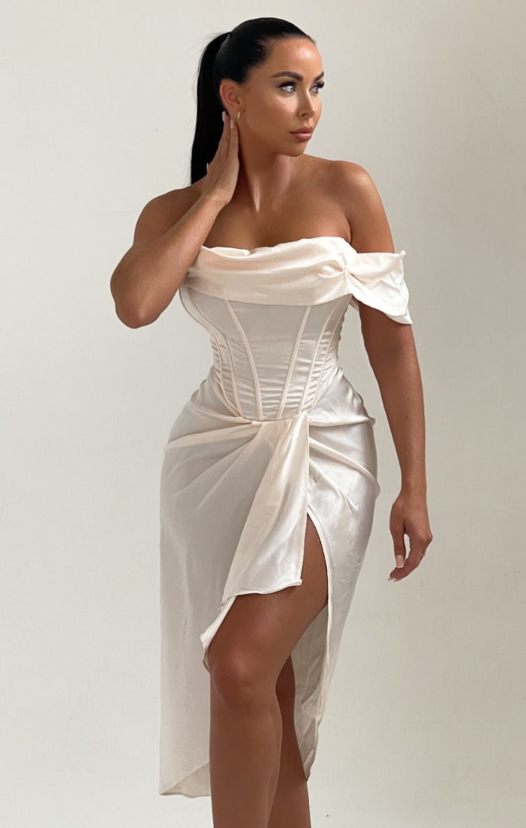 Cream Off The Shoulder High Split Corset Midi Dress