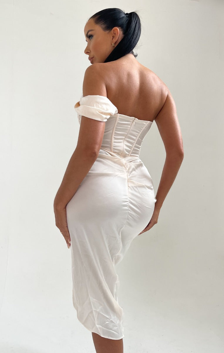 Cream Off The Shoulder High Split Corset Midi Dress