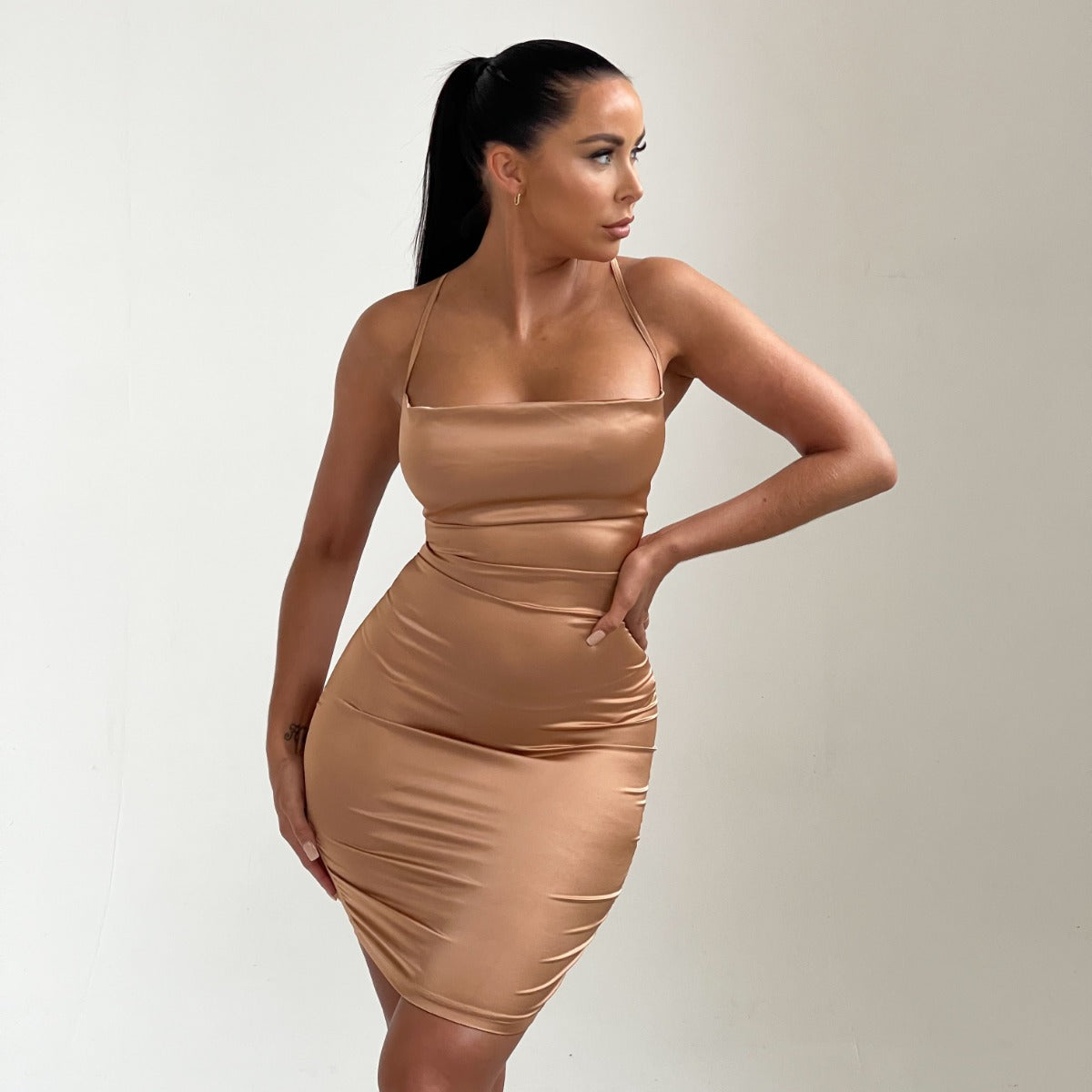 Camel Satin Lace Up Back Strappy Bodycon Mini Dress - Clary Femme Luxe Camel Satin Lace Up Back Strappy Bodycon Mini Dress - Clary Femme Luxe