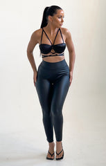 Black Satin Cup Detail Strappy Cross Over Bralette Top - Mavise