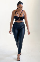 Black Satin Cup Detail Strappy Cross Over Bralette Top - Mavise