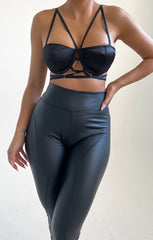 Black Satin Cup Detail Strappy Cross Over Bralette Top - Mavise