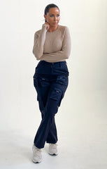 Black High Waisted Button Up Three Side Pocket Straight Leg Cargo Trousers - Violetta