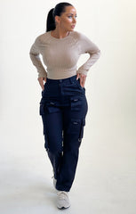 Black High Waisted Button Up Three Side Pocket Straight Leg Cargo Trousers - Violetta