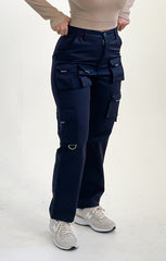 Black High Waisted Button Up Three Side Pocket Straight Leg Cargo Trousers - Violetta