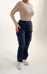 Black High Waisted Button Up Three Side Pocket Straight Leg Cargo Trousers - Violetta