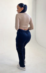 Black High Waisted Button Up Three Side Pocket Straight Leg Cargo Trousers - Violetta