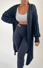 Black Long Sleeve Ribbed Midi Cardigan - Ivy