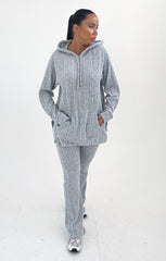 Grey Ribbed Knitted Front Pocket Pullover Hoodie Flared Leg Loungewear Set - Ivy
