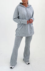 Grey Ribbed Knitted Front Pocket Pullover Hoodie Flared Leg Loungewear Set - Ivy