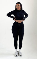 Black Ribbed Long Sleeve Quarter Zip Top And Drawstring Leggings Set - Rosetta