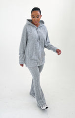 Grey Ribbed Knitted Front Pocket Pullover Hoodie Flared Leg Loungewear Set - Ivy